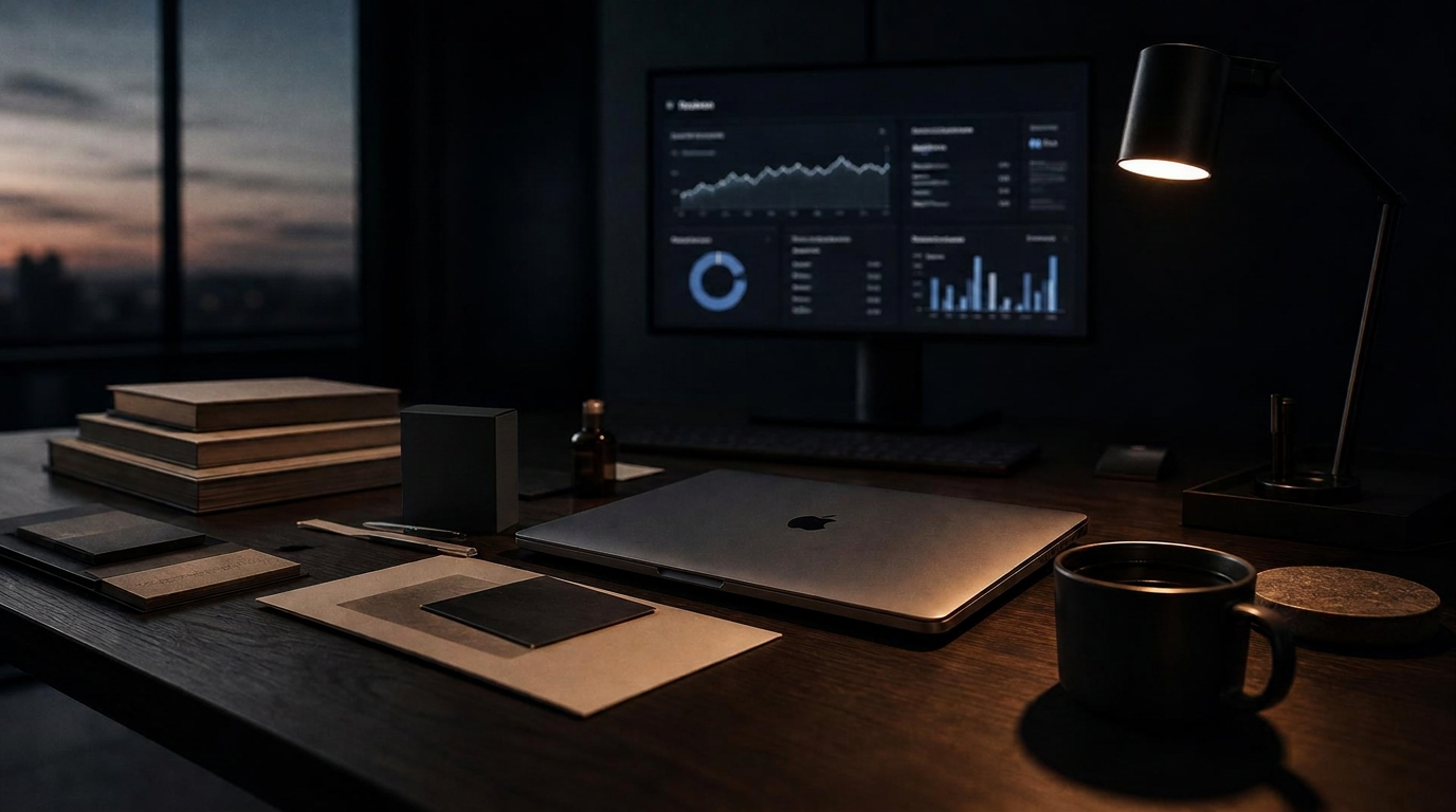 Operator workspace with product samples and a sales dashboard at dusk